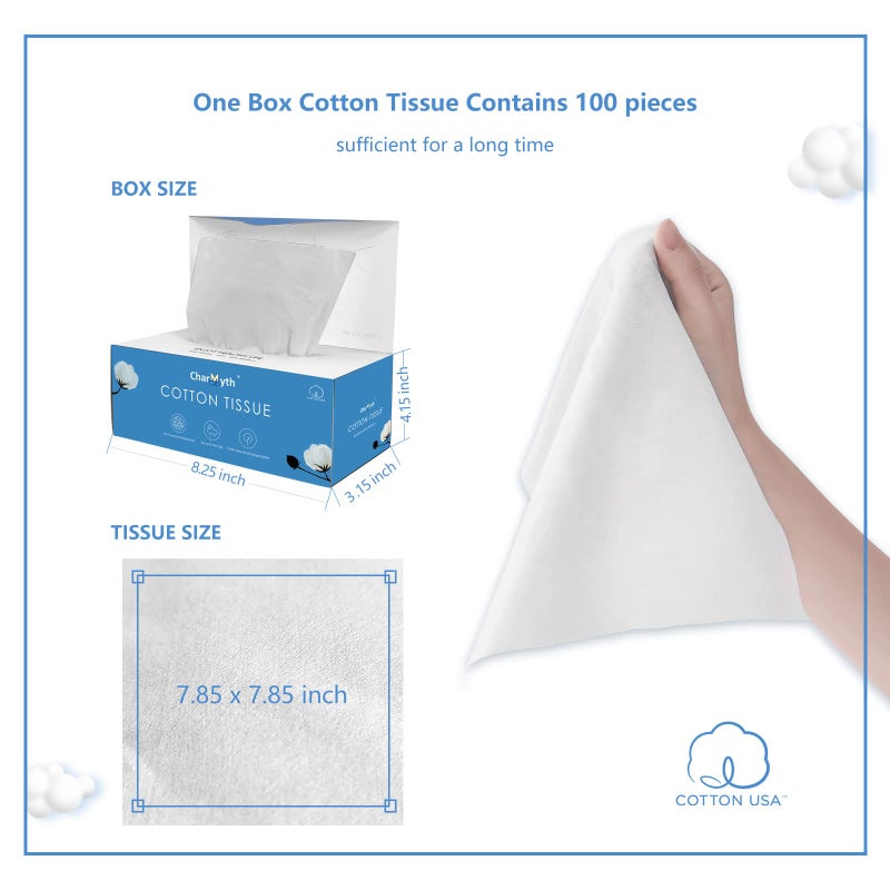 Charmyth Extra Thick Disposable Face Towel, Disposable Makeup Removing Wipes, 100% USA Cotton and 100% Organic & Cruelty Free, Lint-Free Cotton Tissues for Sensitive Skin 100 Count - Image 2